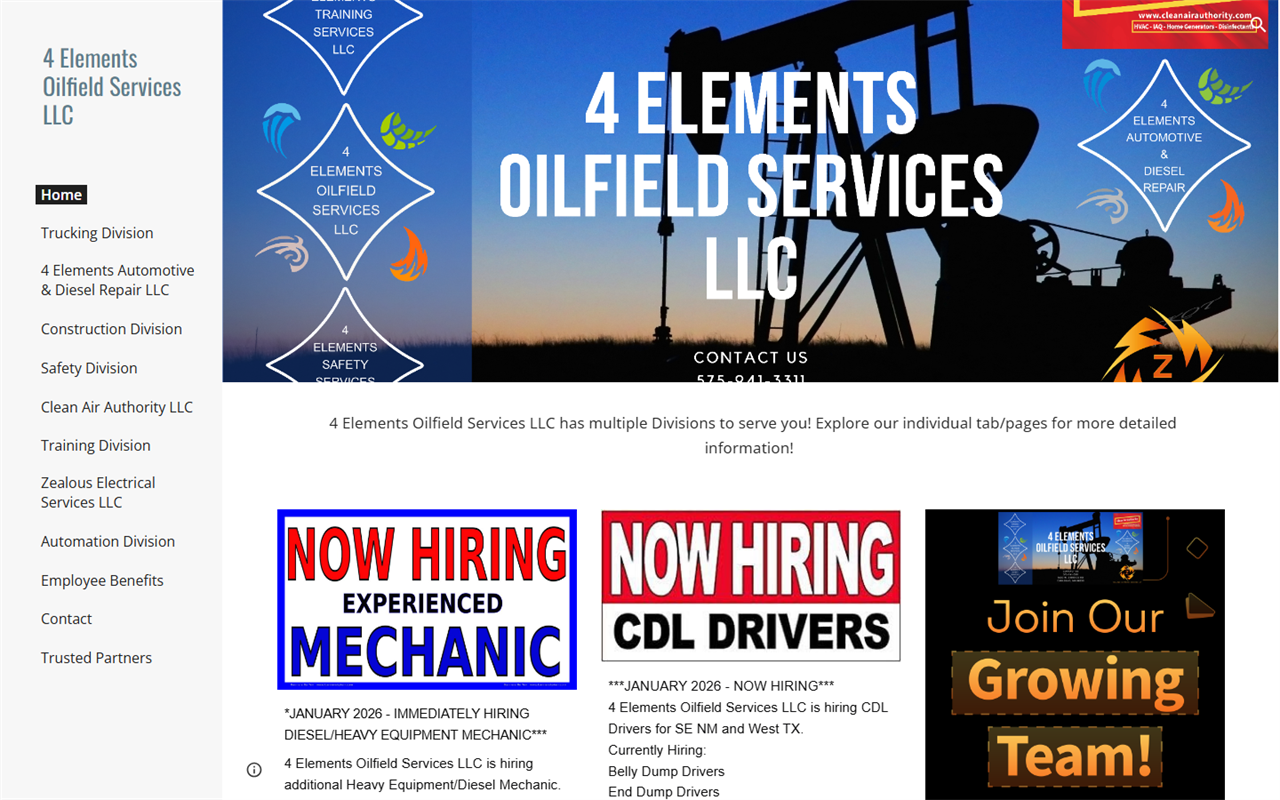Before: 4 Elements Oilfield Services Google Sites page with sidebar navigation and hiring banners
