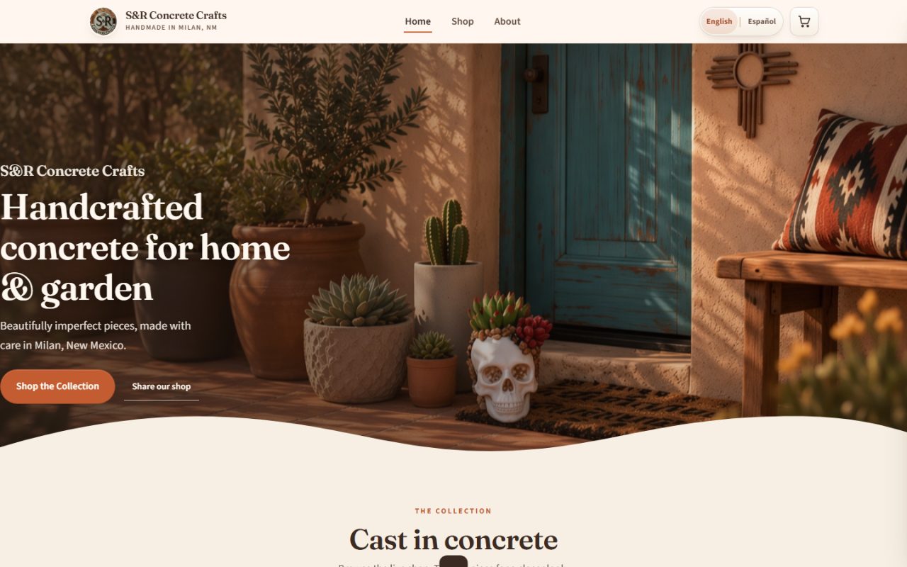 Homepage of the S&R Concrete Crafts storefront designed by 4Ward Web Design