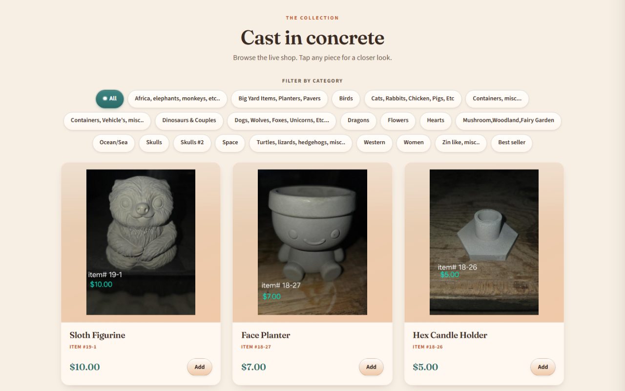 S&R Concrete Crafts shop with category filters and handmade concrete products